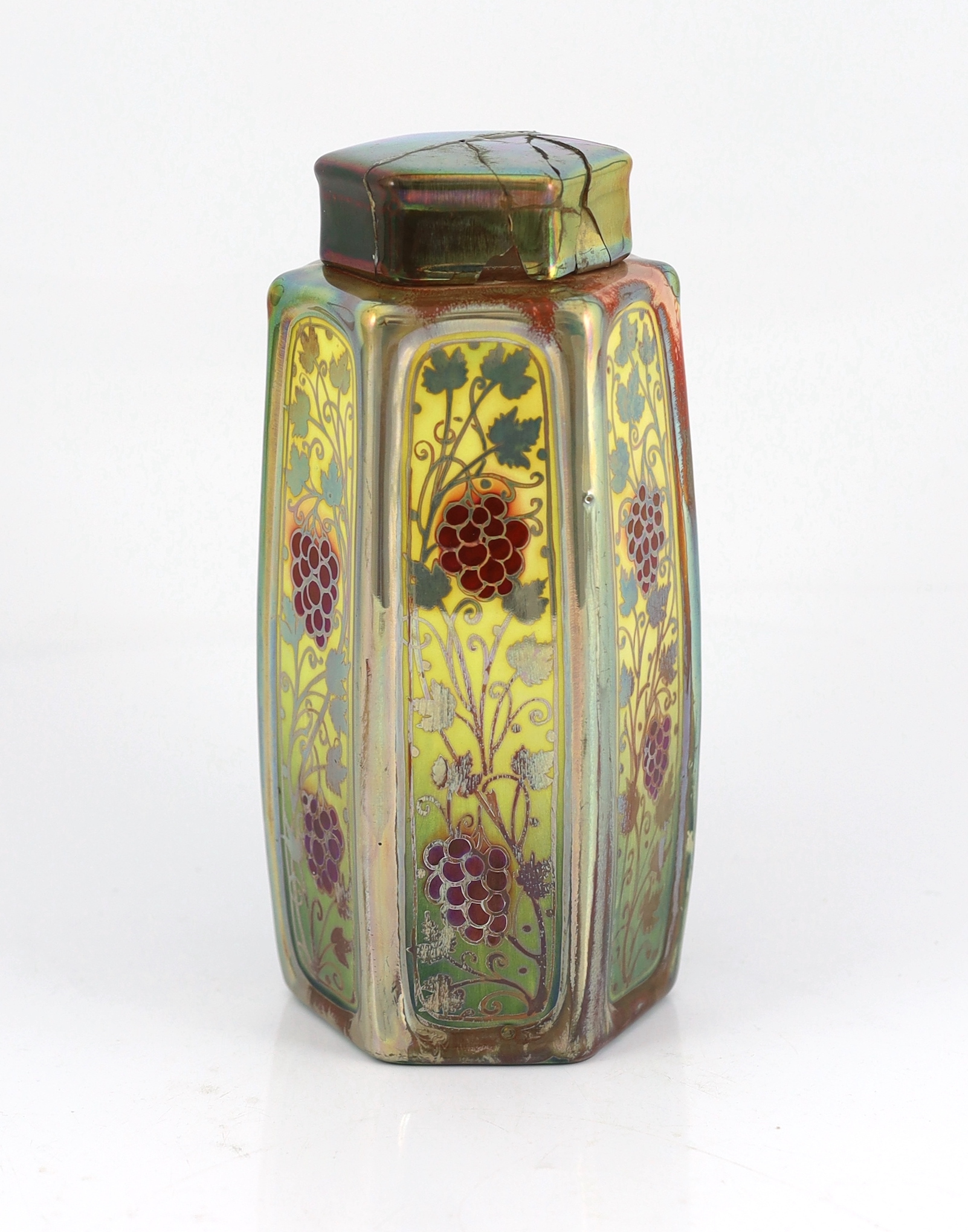 A Pilkingtons Royal Lancastrian lustre hexagonal jar and cover, by William S. Mycock